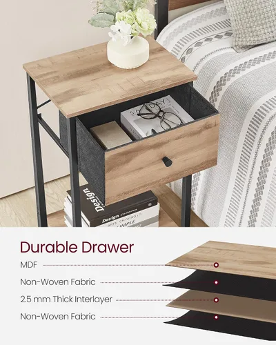 Miniatura 6 de VASAGLE Mesita de noche, mesa auxiliar con cajón de tela, mesa auxiliar de 24 pulgadas de alto con estante de almacenamiento, dormitorio, roble