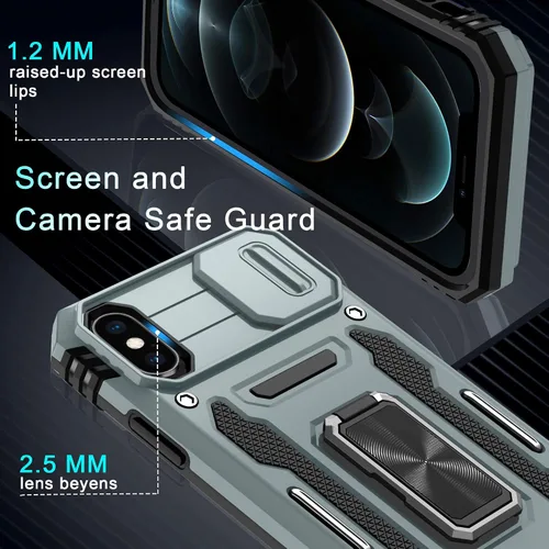 Miniatura 324 de DEERLAMN Funda para iPhone Xs Max con funda deslizante para cámara + protector de pantalla, soporte giratorio de anillo de grado militar a prueba