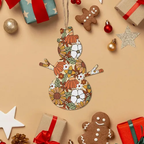 Miniatura 4 de 70s Retro Floral Flower Wooden Christmas Ornaments with Twines Holiday Hanging Decorations Snowman Shapes Wood Slice Ornaments for Christmas Tree