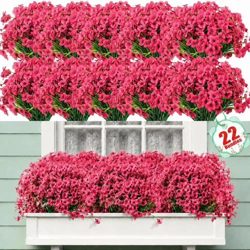 Miniatura 22 de Paquete de 22 flores artificiales para exteriores, flores sintéticas resistentes a los rayos UV con plantas de plástico, flores de seda sintética