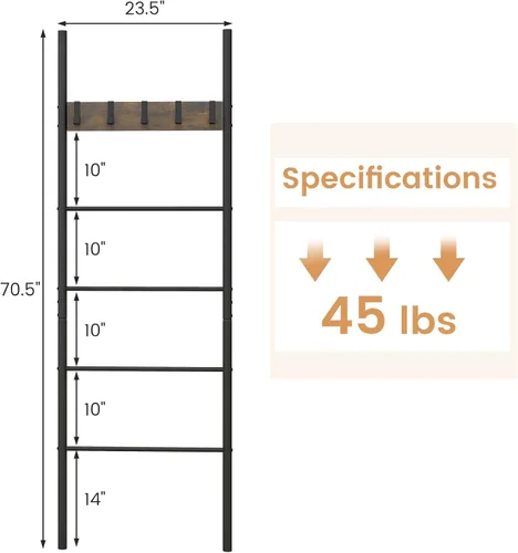 Miniatura 4 de Tangkula Escalera para mantas, estante de escalera de 5 niveles con 5 ganchos extraíbles, soporte decorativo para manta inclinado en la pared
