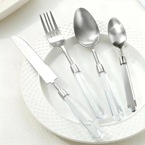 Juego de cubiertos de 48 piezas, de acero inoxidable 18/10 de alta calidad, para 12 personas, mango de diamante acrílico, antideslizante y Plateado