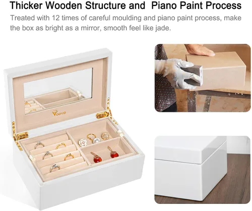 Miniatura 5 de Voova Joyero organizador de madera para mujeres y adolescentes y niñas, estuche de joyería de madera de pintura de piano de lujo con espejo, cajas