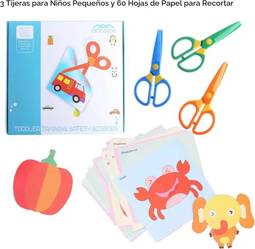 Miniatura 2 de Juego de 3 tijeras de seguridad para niños pequeños, tijeras de entrenamiento preescolar seguras para niños y 60 hojas de papel para manualidades