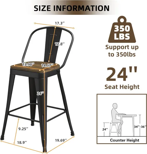 Miniatura 3 de Juego de 4 taburetes de bar de metal, taburetes de bar con respaldo alto con asiento de madera, taburetes de bar negros de 24 pulgadas para isla