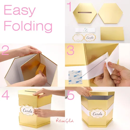 Miniatura 5 de ROSEGLD Caja de tarjetas, caja de recepción de tarjetas con cinta de 14 x 12 x 12 pulgadas, elegante soporte para tarjetas para bodas, graduaciones