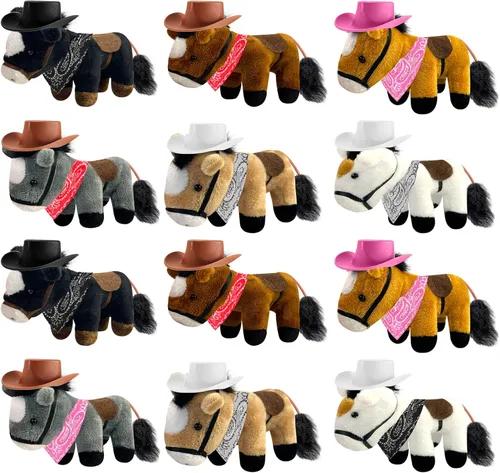12 Set Mini Horse Stuffed Toys Bulk Include 12 Mini Pony Plush 4.72 Inch with 12 Tiny Cowboy Hats and 12 Bandana DIY Crafts for Adopt a Horse Party