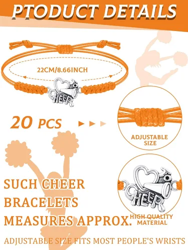 Miniatura 2 de Rtteri 20 pulseras de animadora para niñas, pulseras ajustables para animadoras, regalos para animadoras, accesorios de joyería a granel Naranja