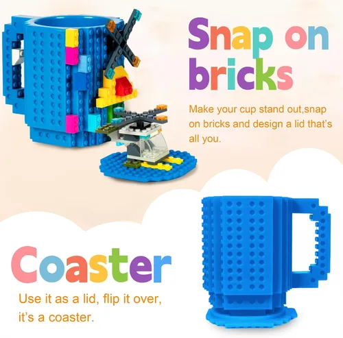 Miniatura 3 de FUBARBAR Taza de café de ladrillo – Divertida taza novedosa con tapa y pajilla, taza de juguete de bloque de construcción, idea de regalo para Azul