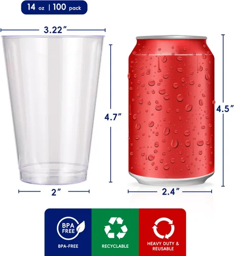 Miniatura 2 de JOLLY CHEF Vasos de plástico transparente de 14 oz, paquete de 100 vasos de fiesta resistentes, vasos de plástico desechables para cócteles de boda