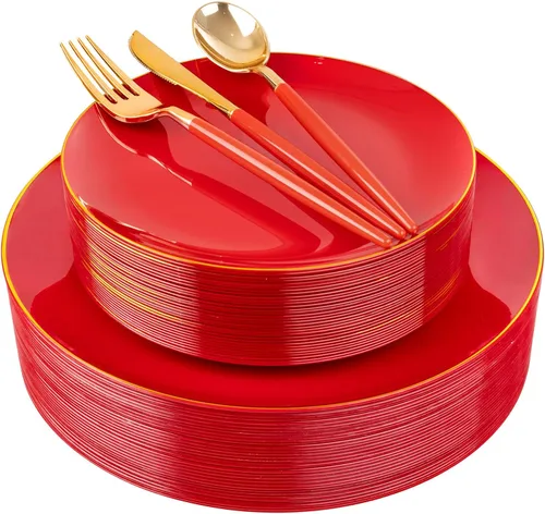 Miniatura 17 de DaYammi Juego de 150 platos de plástico dorado con cubiertos desechables, juego de vajilla desechable de oro blanco, 30 platos llanos, 30 platos