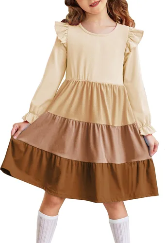 Arshiner Vestido para niñas pequeñas, con volantes, manga larga, casual, escalonado, con bolsillos