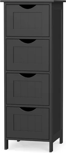 VASAGLE Slim Bathroom Storage Cabinet, MDF Freestanding Floor Organizer with 4 Drawers, Narrow Laundry Room Storage, 11.8 x 11.8 x 32.4 Inch, Black,