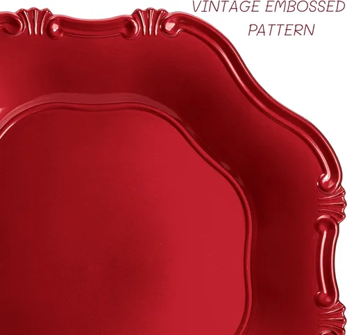 Miniatura 3 de ZOOFOX Juego de 12 salvamanteles rojos, salvamanteles metálicos de 13" con bordes festoneados para plato de cena, platos de servicio decorativos