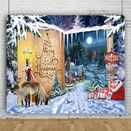 Miniatura 7 de Telón de fondo de 2,1 x 1,5 m para pueblo navideño, nieve invernal, cielo nocturno, montaña, Santa, fondo para fotografía, decoración para fiesta