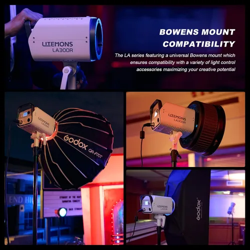 Miniatura 7 de Godox LA300R RGB COB LED Video Light 330W Kit de luz continua a todo color con bolsa de transporte CCT 1800K-10000K 94700lux Montaje Bowens Luz