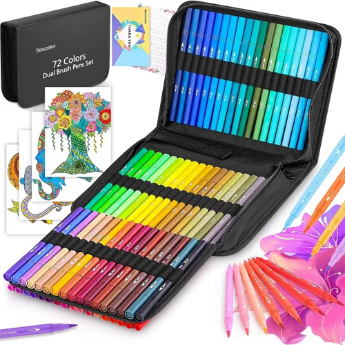 Soucolor Suministros de arte para adultos, 72 colores de doble punta de pincel de punta fina, kit de arte de dibujo con estuche de arte para