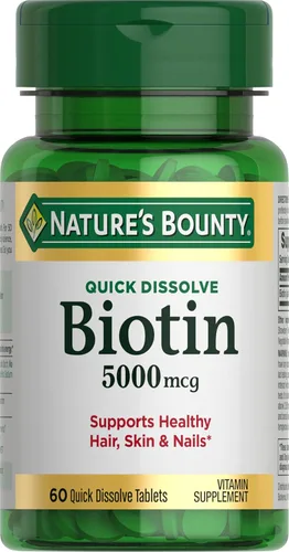 Nature's Bounty Biotina, apoya el metabolismo para la energía celular y cabello, piel y uñas saludables, 5000 mcg, 60 tabletas de disolución rápida