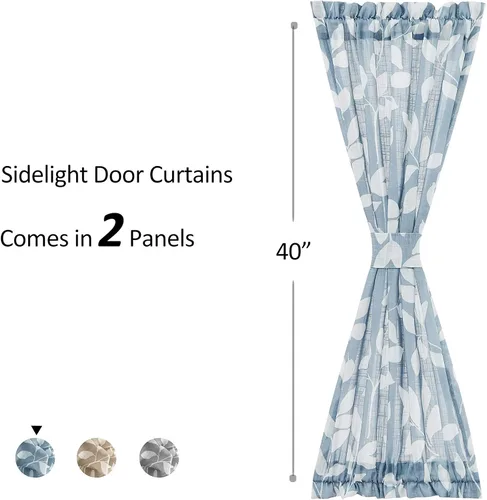Miniatura 2 de Treatmentex Paneles de puerta francesa con luz lateral azul y blanca de 40 pulgadas de largo, estampado de hojas largas, cortinas de ventana