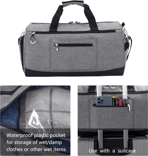 Miniatura 4 de Kuston Bolsa de gimnasio deportiva con compartimento para zapatos y bolsillo húmedo, bolsa de lona para gimnasio para hombres y mujeres, Gris