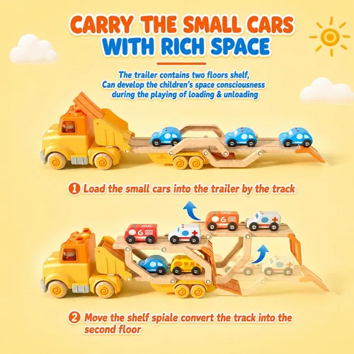 Miniatura 7 de Juguetes de autos para niños pequeños de 2, 3, 4, 5 años, juguete de camión transportador con 4 vehículos de madera, remolque de pista plegable