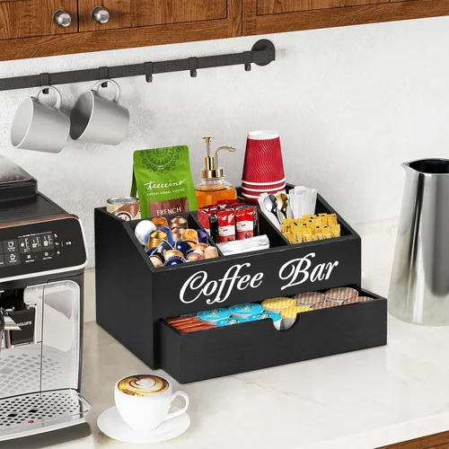 Miniatura 2 de Organizador de barra de café, accesorios de barra de madera con cajón, organizador de estación de café, cesta de almacenamiento, estación