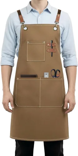 Miniatura 8 de Delantales de Lona de Trabajo para Hombres y Mujeres con 3 Bolsillos, Delantal de Alta Resistencia con Correa Cruzada para Cocina, Chef