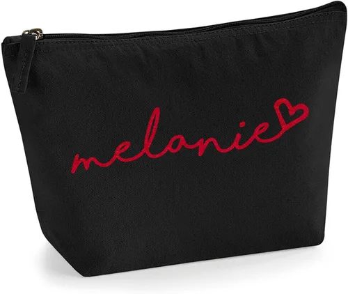 Miniatura 18 de Bolsa de accesorios de maquillaje con iniciales de nombre escritas a mano personalizadas en color negro con purpurina o textura de flocado