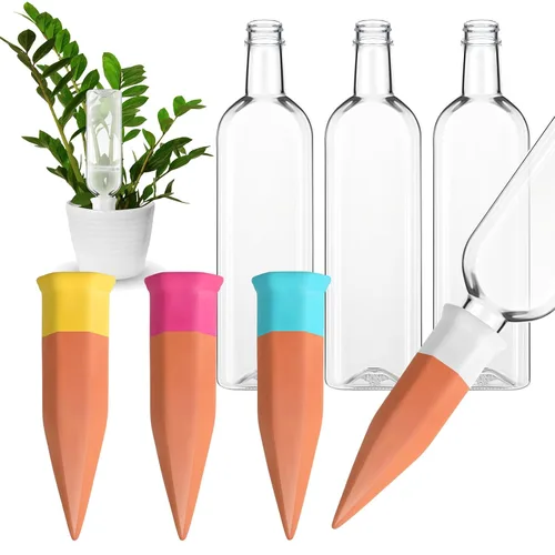Ziliny Paquete de 4 dispositivos de picos de riego de terracota, picos de riego automático para plantas con botellas de vino de plástico de 25