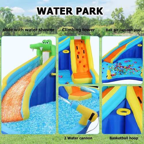 Miniatura 6 de AKEYDIY Toboganes acuáticos inflables, 8 en 1 estilo cocodrilo al aire libre parque acuático inflable con escalada, borde de baloncesto, piscina