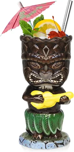 SuproBarware Tiki - Juego de tazas de cóctel de 10.1 fl oz, coloridas tazas de cóctel de cerámica, decoración hawaiana para fiestas exóticas