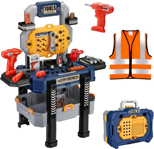Deejoy Banco para niños con herramientas realistas y taladro eléctrico, 79 herramientas de juguete realistas con ropa, regalo de aprendizaje para