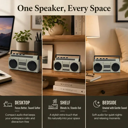 Miniatura 3 de Sourcingbay - Mini altavoz Bluetooth retro, recargable por USB, color gris 2W close range sound for desks shelves bedside tables display styling