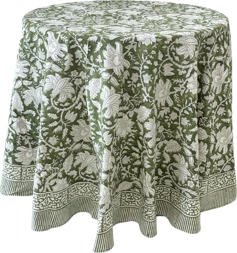 Miniatura 16 de ATOSII Mantel Redondo Bohemio Jade de Algodón 100%, Mantel de Lino con Estampado Floral de Bloques para Comedor, Fiestas, Bodas, Exteriores I