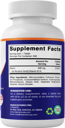 Miniatura 8 de Vitamatic Niacina (vitamina B3) 500 mg, 240 comprimidos - Sin OMG y sin gluten - 480 tabletas (paquete de 2)