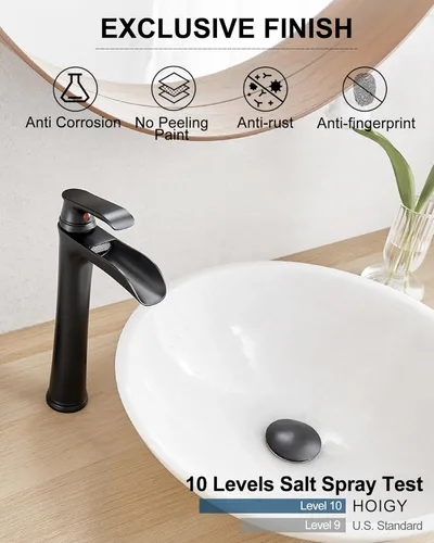 Miniatura 4 de Grifo de Lavabo de Baño Cascada, Grifo de Baño Alto de Latón Negro de Una Sola Manija para Lavabo, Grifos de Baño de Un Orificio Mezclador Grifo