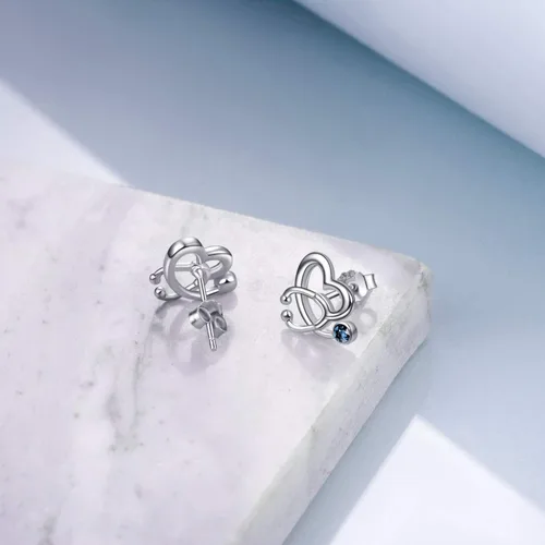 Miniatura 4 de AOBOCO - Aretes tipo dormilona de plata esterlina con forma de estetoscopio y piedras natales de imitación, joyería fina para regalo enfermero