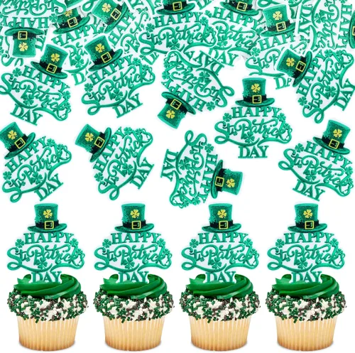 Miniatura 12 de Juego de 1 palillos para tartas de trébol, decoración de trébol con purpurina verde dorada para cumpleaños, baby shower, suministros de fiesta