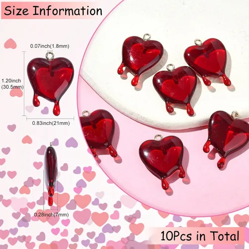 Miniatura 2 de Ipotkitt 10 dijes de corazón fundido transparente rojo con parte trasera plana, dijes de corazón de San Valentín en forma de corazón para el día