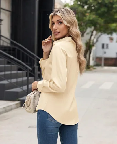 Miniatura 3 de Gleeivy Camisa con botones para mujer, solapa con botones ocultos, ligera, transpirable, resistente a las manchas, manga larga, trabajo e informal
