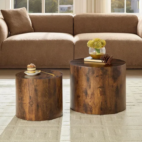 Miniatura 16 de Juego de 2 mesas auxiliares redondas, mesa auxiliar anidable y mesa auxiliar de madera con tambor circular pequeño para sala de estar, oficina, sin