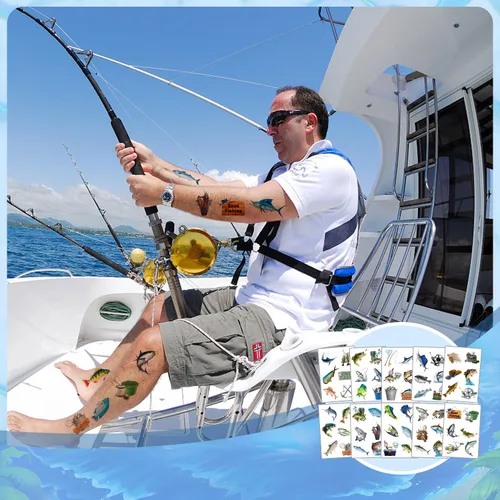 Miniatura 6 de 20 hojas (120 piezas) de tatuajes temporales de peces desaparecidos de pesca, recuerdo de fiesta para fiesta de cumpleaños, decoración de fiesta