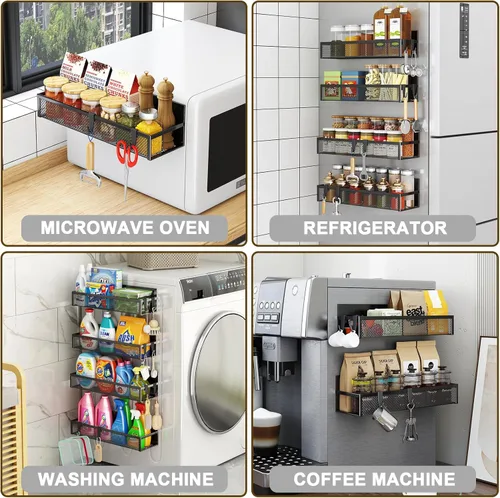 Miniatura 7 de Estante magnético para especias Aufworld para refrigerador, paquete de 6 estantes magnéticos, organizador de imanes para nevera con 12 ganchos