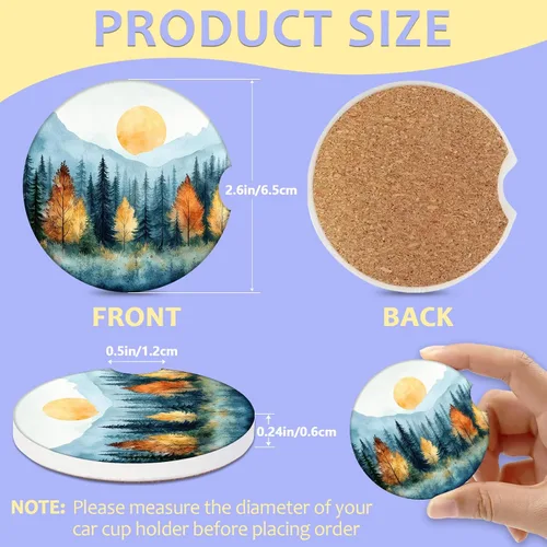 Miniatura 2 de Paquete de 2 posavasos para automóvil, posavasos abstractos de cerámica absorbente de bosque de montaña, posavasos para portavasos de automóvil