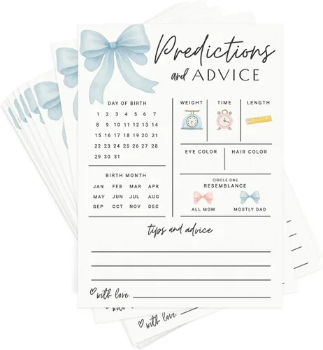 Miniatura 11 de Tarjetas de predicciones y consejos de baby shower de Printed Party – Diseño de lazo rosa, divertido juego de baby shower para invitados, actividad