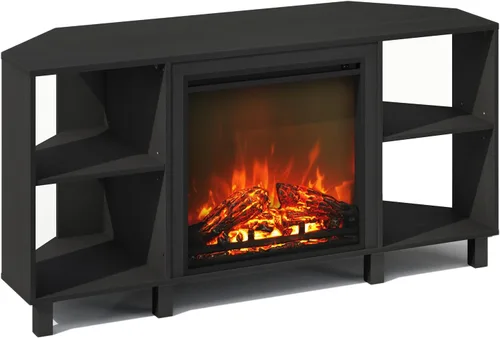 Miniatura 18 de Furinno Jensen - Soporte para TV con chimenea y centro de entretenimiento con almacenamiento abierto para TV de hasta 55 pulgadas, color gris roble