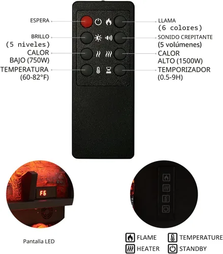 Miniatura 3 de PuraFlame Chimenea eléctrica de pie de 24" con juego de leña, inserto, calentador de 750W/1500W, 6 colores de llama con 5 niveles de brillo, sonido