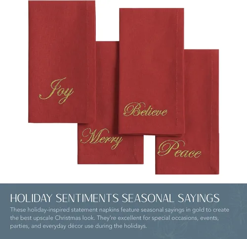 Miniatura 2 de Elrene Home Fashions Holiday Sentiments Seasonal Sayings Servilletas de Tela para Cena, Juego de 4, 17 Pulgadas por 17 Pulgadas, Rojo