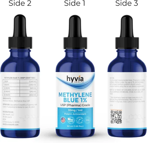 Miniatura 10 de Azul de metileno 1% USP grado farmacéutico para humanos – 99.99% de pureza – Probado por terceros, certificado ISO, formaldehído y alcohol gotas