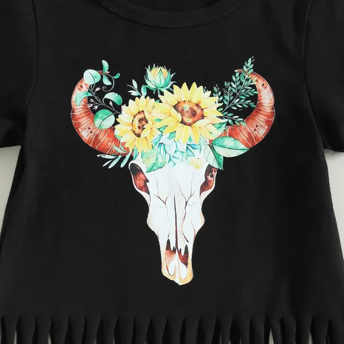Miniatura 102 de fhutpw Conjunto de camiseta de manga corta con estampado de vaca y pantalones acampanados de dibujos animados para niñas